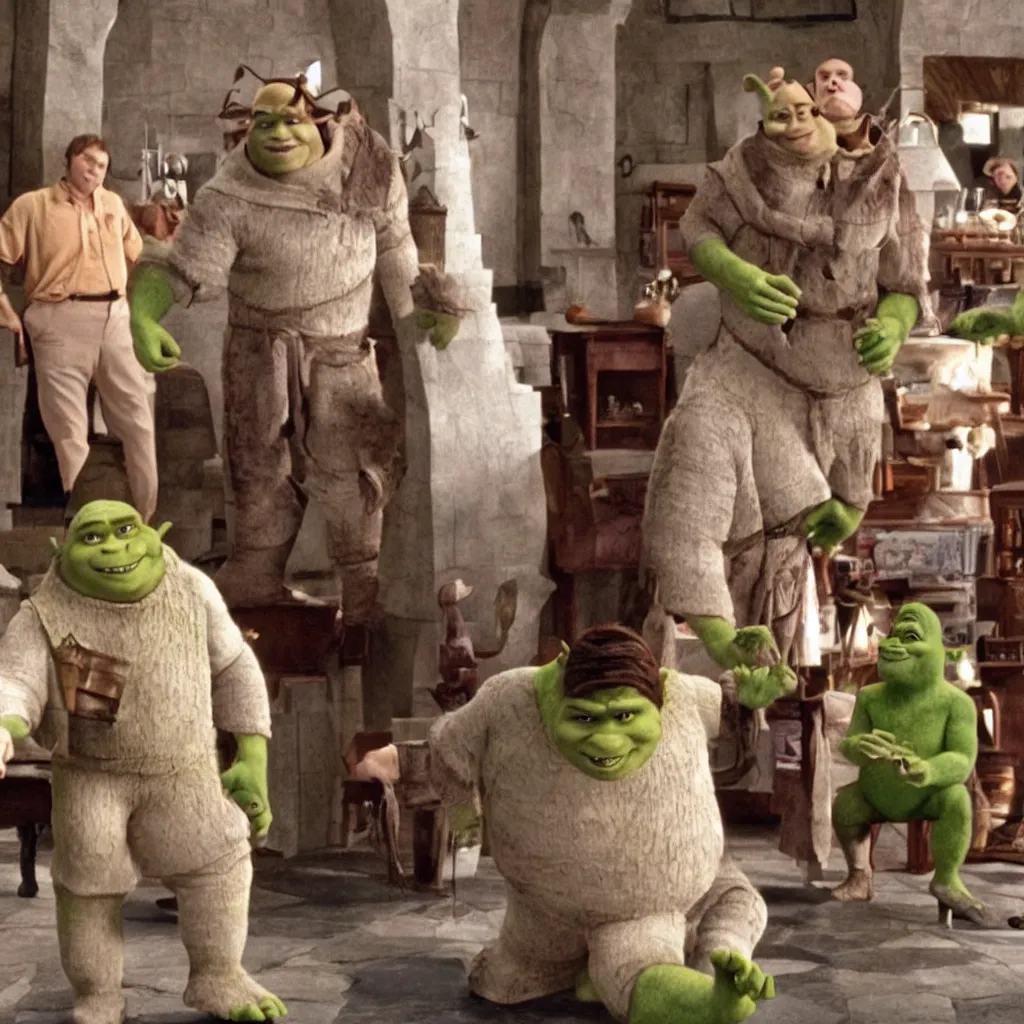 Prompt: still of shrek in the royal tenenbaums