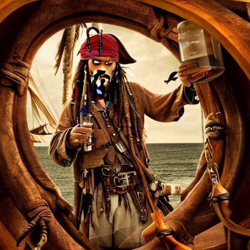 Image similar to jack sparrow drinks rum from bottle at the deck of pirate ship, focus, 3 d illustration, sharp, intricate, poster,, photo, detailed photo, scene from pirates of caribbean