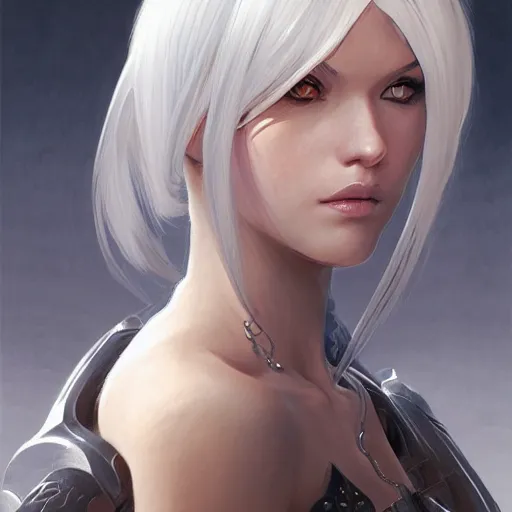 Image similar to closeup portrait of A2 from NieR Automata, D&D, fantasy, intricate, elegant, highly detailed, digital painting, artstation, concept art, matte, sharp focus, illustration, hearthstone, art by Artgerm and Greg Rutkowski and Alphonse Mucha