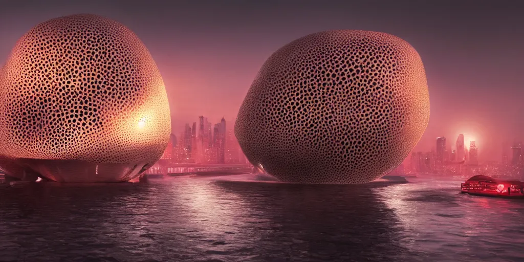 Image similar to An epic architectural rendering of a blob shaped trypophobia house with a mysterious red glow emitting from inside in a modern cityscape next to a river, by Zaha Hadid and Greg Rutkowski, tunning, gorgeous, golden ratio, photorealistic, featured on artstation, 4k resolution