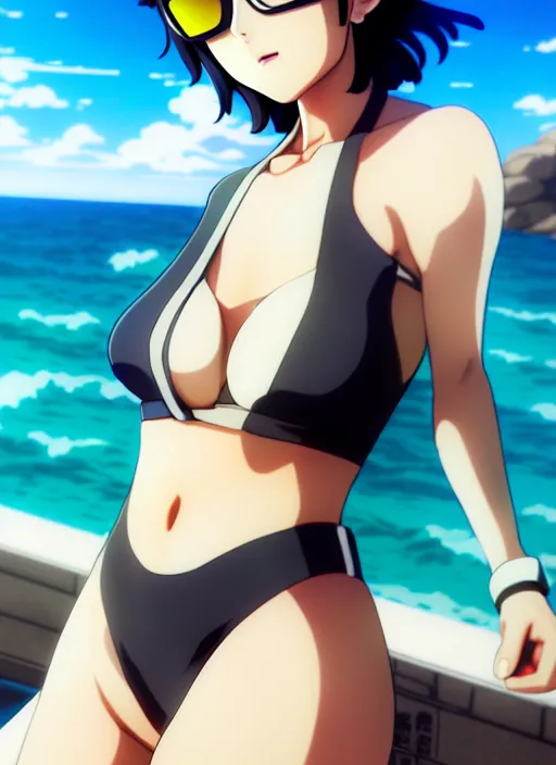Prompt: film still portrait of fubuki from one punch man, wearing sunglasses and two - piece swimsuit, ilya kuvshinov, finely detailed feature, anime, deroo, pixiv top monthly, trending on artstation, cinematic, danbooru, zerochan art, kyoto animation