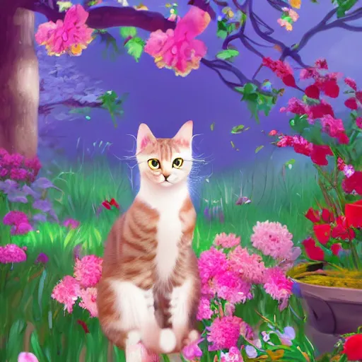 Prompt: photo of a cat in the blossoming garden, cat and flower, trending on artstation, super detailed, everything in a beautiful light, stylishly designed background, fantasy art, photoshop