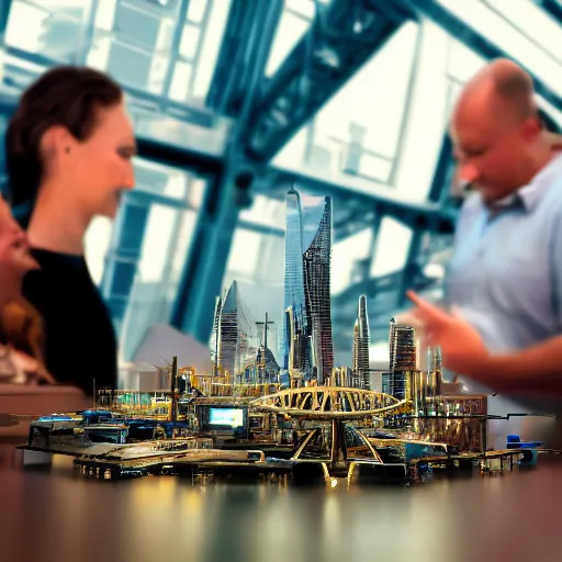 Prompt: large group people in open warehouse, looking at hologram of futuristic city on a table, cinematic still 1 2 0 mm, godrays, golden hour, natural sunlight, 4 k, clear details, tabletop model buildings, tabletop model, hologram center, crane shot, crane shot, crane shot