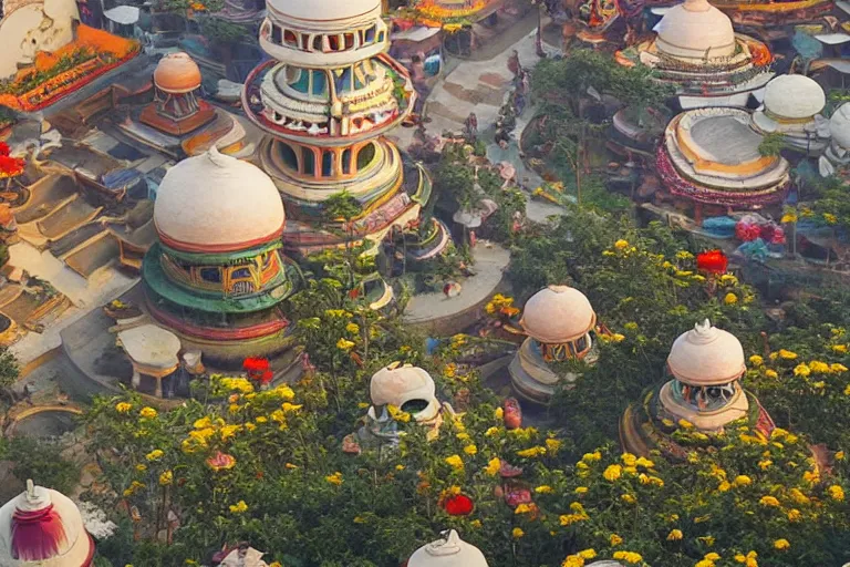 Prompt: beautiful dreamy! biomorphic new delhi, hanuman!! head building, kalighat flowers, octane sharp cinematic, stephen shore & john j. park, soft morning light, wide shot, aerial shot, uhd 8 k, shallow depth of field