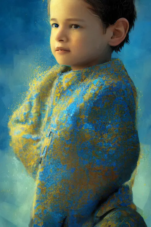 Image similar to little boy, close - up portrait, the portrait is decorated with blue and gold art deco patterns, powerfull, intricate, elegant, volumetric lighting, scenery, digital painting, highly detailed, artstation, sharp focus, illustration, concept art, ruan jia, steve mccurry