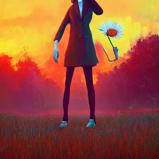 Image similar to giant daisy flower head, frontal, girl in a suit standing on street, surreal photography, sunrise, dramatic light, impressionist painting, digital painting, artstation, simon stalenhag