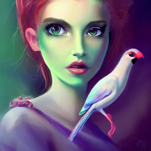 Image similar to a beautiful stunning fantasy whimsical matte digital portrait illustration of a pretty woman with bright green eyes and red hair with her green pet bird, in the style of Ross Tran, trending on artstation, contest winner