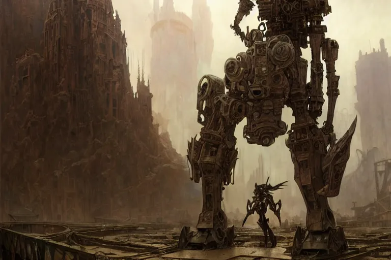 Image similar to a mech standing in a ruined city, fantasy, intricate, elegant, dramatic lighting, emotionally evoking symbolic metaphor, highly detailed, lifelike, photorealistic, digital painting, artstation, concept art, smooth, sharp focus, illustration, art by John Collier and Albert Aublet and Krenz Cushart and Artem Demura and Alphonse Mucha