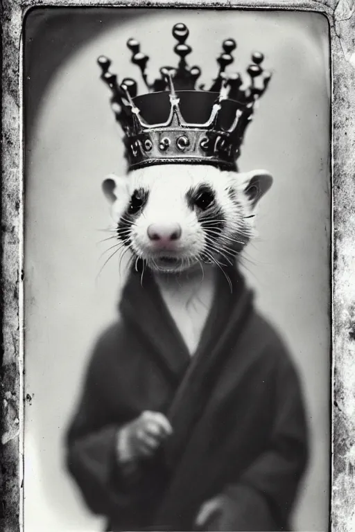 Image similar to a wet plate photo of a ferret king, wearing a crown, wearing a robe