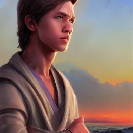 Image similar to a young male jedi with short dark blonde hair standing still looking at the sunset concept art by Doug Chiang cinematic, realistic painting, high definition, concept art, portait image, path tracing, serene landscape, high quality, highly detailed, 8K, soft colors, warm colors, turbulent sea, high coherence, anatomically correct, hyperrealistic, concept art, defined face, five fingers, symmetrical