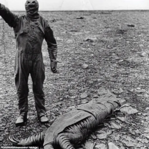 Image similar to a mummified t-rex corpse found in the artic with a man standing next to the t-rex corpse and waving at the camera, he is wearing a white full body suit, taken by a ww2 camera.