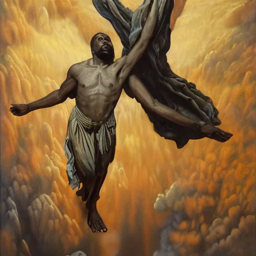 Prompt: surrealist epic photoreal soaring kayne west as god, arms outstretched, dressed in a long robe with wide sleeves. fullbody highly detailed portrait, concept art, masterpiece, fantasy art, hyperdetailed, hyperrealism, art by dali and michael cheval, hildebrandt, donato giancola, larry elmore, arthur rackham, beksinski, 4 k