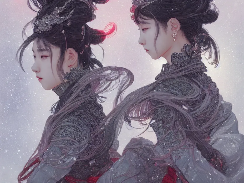 Prompt: portrait jisoo blackpink, grey hair armored samurai clothes, in snowy japanese temple night, ssci - fi and fantasy, intricate and very very beautiful and elegant, digital painting, artstation, concept art, smooth and sharp focus, illustration, art by tian zi and wlop and alphonse mucha