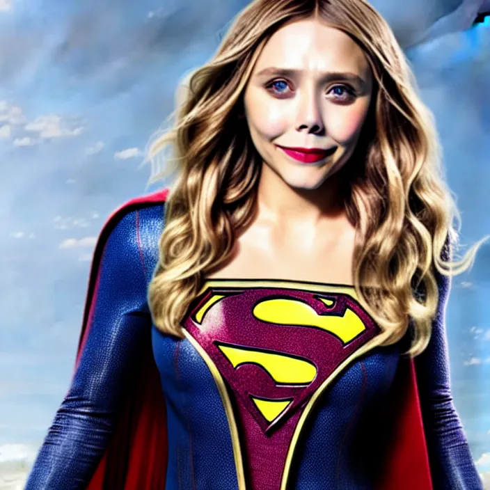 Image similar to professional full length photograph of elizabeth olsen as supergirl. Extremely detailed. 8k