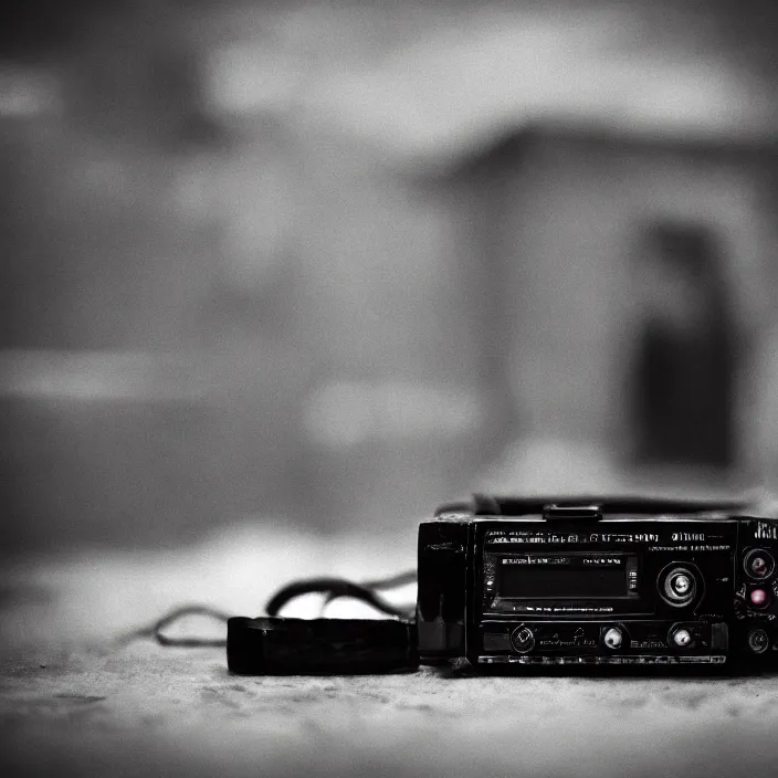 Prompt: a jvc radio as an autobot transformer in a film noir. moody, medium close shot. overcast, rainy.