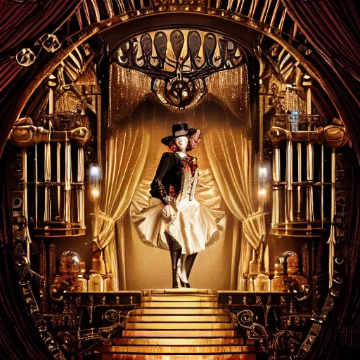 Prompt: steampunk phantom of the opera, hyper realistic, theatrical lighting, 8k resolution, highly detailed