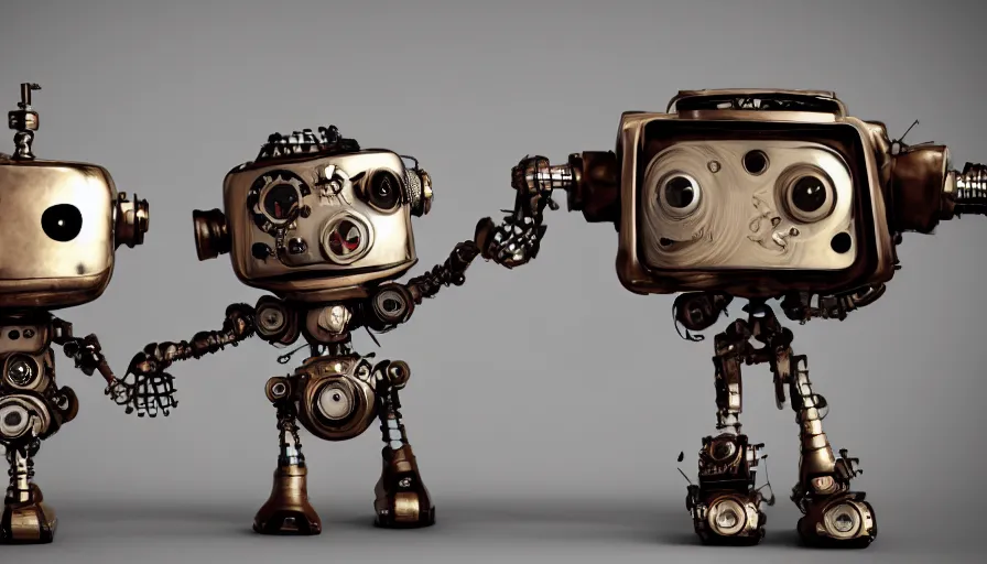 Image similar to two cute steampunk robots with human skin and large shiny eyes smiling and waving, isolated on white background, intricate details, 3D occlusion