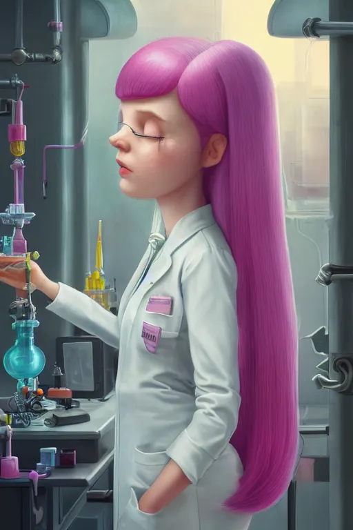Image similar to highly detailed, industrial photography, profile photo of adult princess bubblegum from adventure time, working in her science lab, wearing lab coat, long bubblegum hair, long straight bangs, confident, beautiful, attractive, illustration concept art by nicoletta ceccoli, mark ryden, lostfish, detailed and intricate environment, 8 k resolution, hyperrealistic, octane render