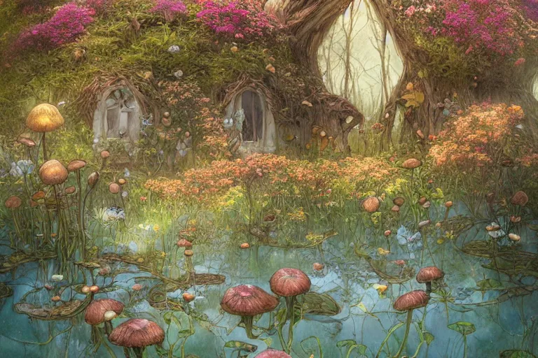 Prompt: wide angle view, a beautiful digital painting of a fairy house made of mushroms in a lake, flowers, beautiful tranquil day, by greg rutkowski, brian froud, peter mohrbacher, jean - baptiste monge, and alphonse mucha, symmetry, complementary colors, ink illustration, trending on artstation