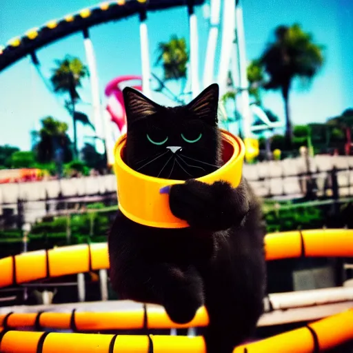 Image similar to black cat chilling on a rollercoaster. focus on cats face. sunlight. polaroid photo. bright colors.