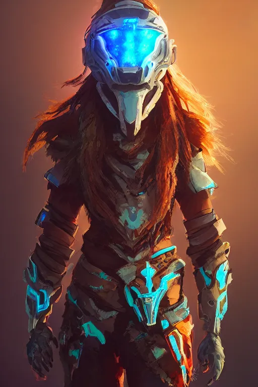 Image similar to combination suit armor aloy horizon forbidden west horizon zero dawn radiating a glowing aura global illumination ray tracing hdr fanart arstation by ian pesty and alena aenami artworks in 4 k tribal robot ninja mask helmet backpack