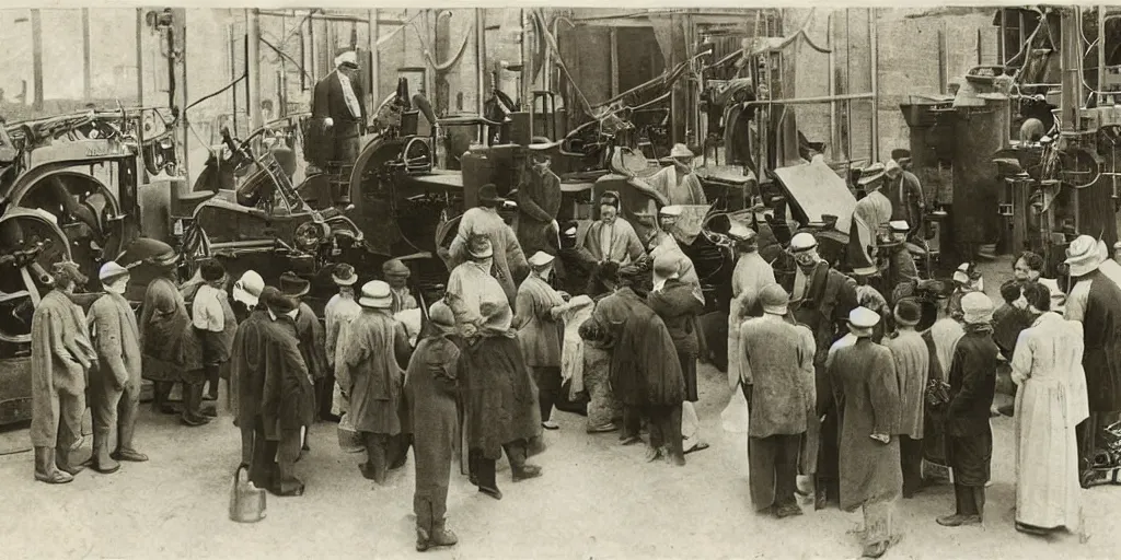 Image similar to people gathered around a machine that makes, 1 9 0 0 s photograph