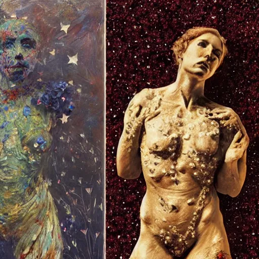 Prompt: a full body sculpture portrait made of stars and dust and flowers and plants, painting part by wojciech siudmak, part by ilya repin, part by max ernst, part by norman rockwell, artstation