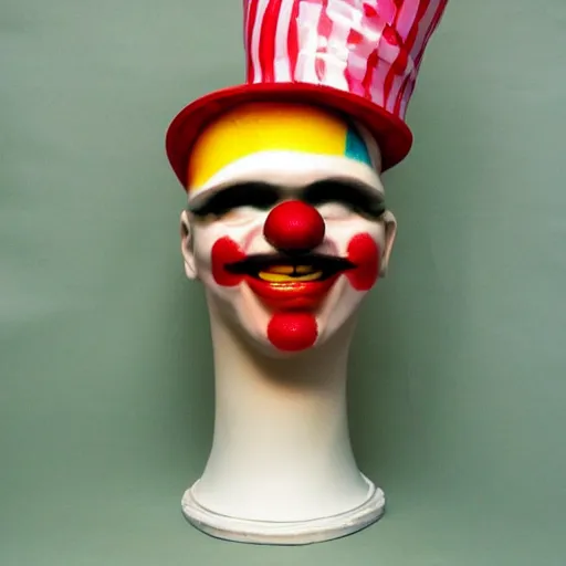 Prompt: big cappuccino cup inside the clown\'s hat, realistic