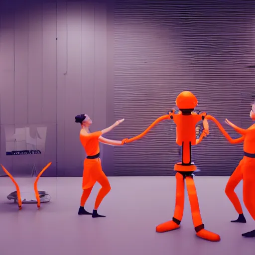 Image similar to photo of contemporary dancers, dancing around an orange kuka servo robot, in uy studio clothing, inside berghain berlin, lowlight, photorealistic, 8 k