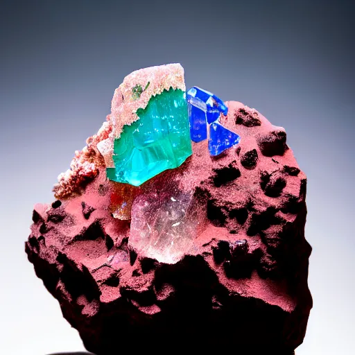 Image similar to a mineral rock, in a dark studio room. Photography of rare minerals. Tanzanite, Red Beryl, Bixbite, Red Emerald, Scarlet Emerald, Opal, Quartz, Elbaite, Calcite, Kunzite. in the style of Mike Rathke.