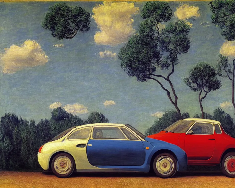 Image similar to achingly beautiful painting of a new fiat abarth by rene magritte, monet, and turner.