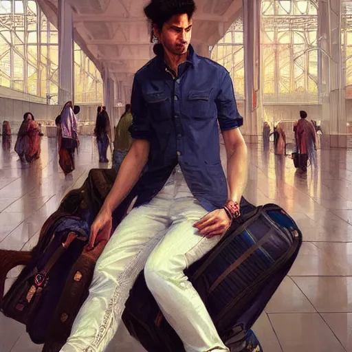 Image similar to Anxious good looking pale young Indian doctors wearing jeans and shirts at the airport, portrait, elegant, intricate, digital painting, artstation, concept art, smooth, sharp focus, illustration, art by artgerm and greg rutkowski and alphonse mucha