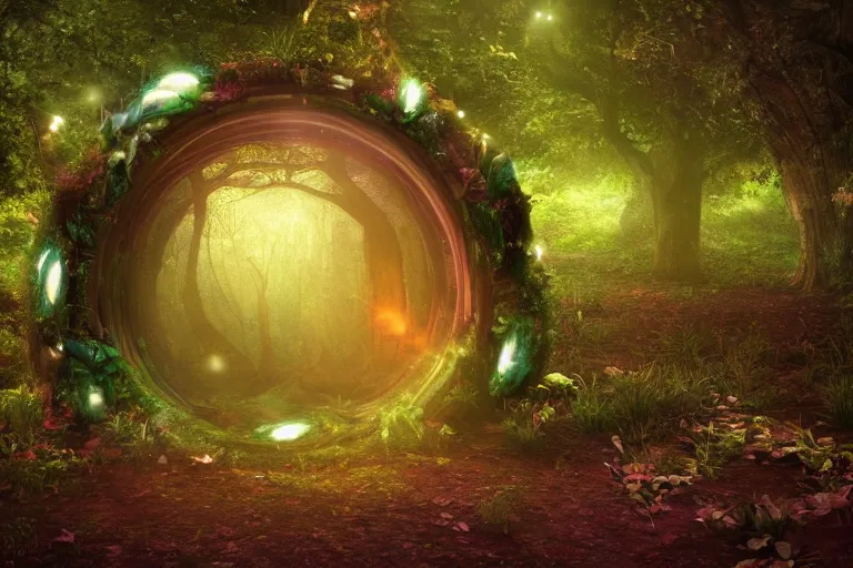 Image similar to A cosmic portal inside an enchanted forest. Cinematic lighting. Photorealism.