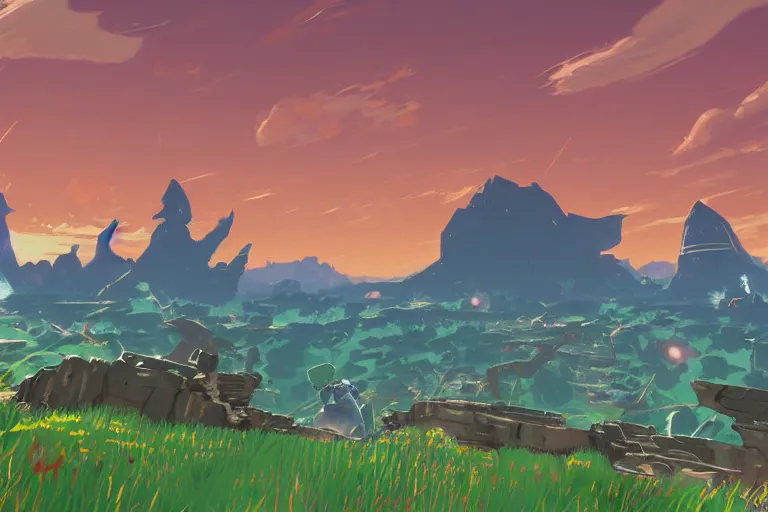 Image similar to an in game chaotic landscape from the legend of zelda breath of the wild, breath of the wild art style.