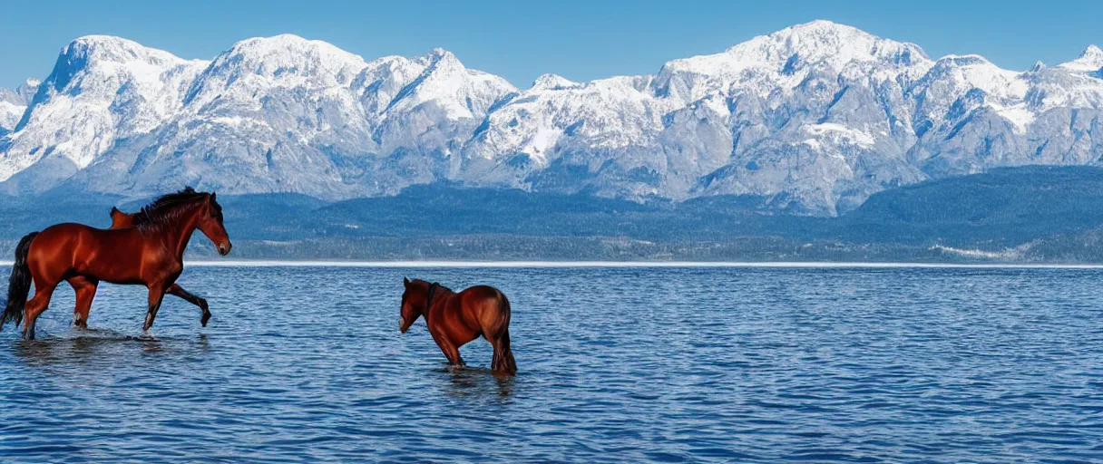 Image similar to horse swiming through large lake, snowed mountains in the background, huge view panoramic, beautiful landscape