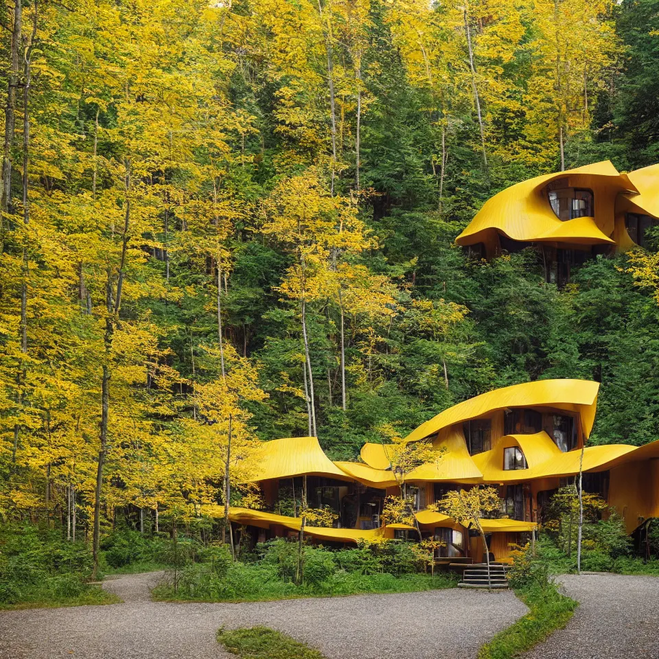 Prompt: a house in a taiga forest, designed by Frank Gehry. Tiles. Gravel pathway with parking. Film grain, cinematic, yellow hue