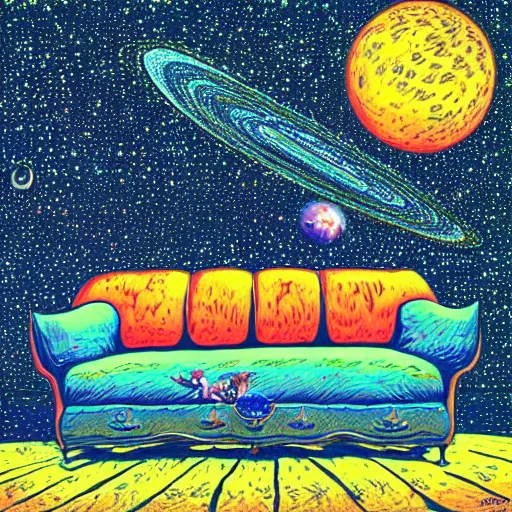 Image similar to psychedelic trippy couch in space, planets, milky way, sofa, cartoon by rob gonsalves and gustav dore