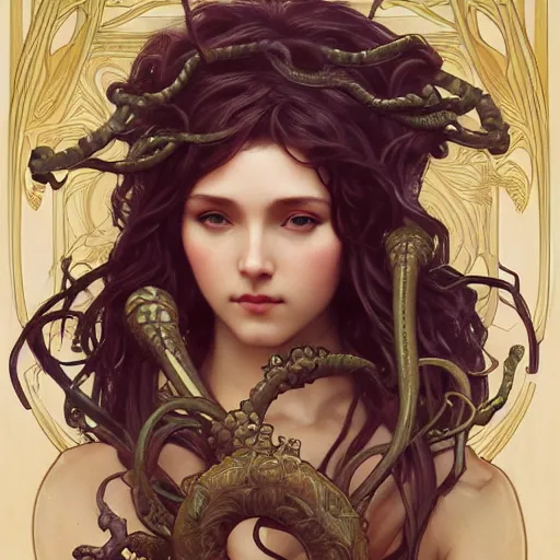 Prompt: medusa, intricate, art by artgerm and greg rutkowski and alphonse mucha and william - adolphe bouguereau, high detailed, 4 k,