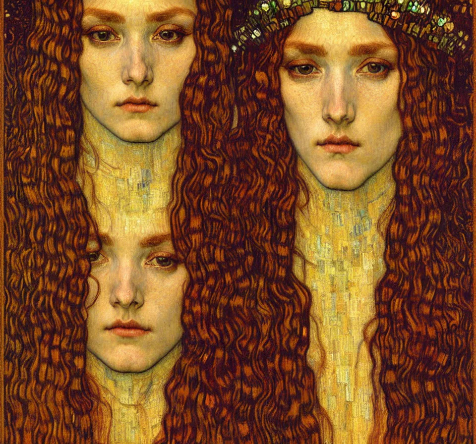 Image similar to detailed realistic beautiful young medieval queen face portrait by jean delville, gustav klimt and vincent van gogh, art nouveau, symbolist, visionary, gothic, pre - raphaelite, muted earthy colors, desaturated