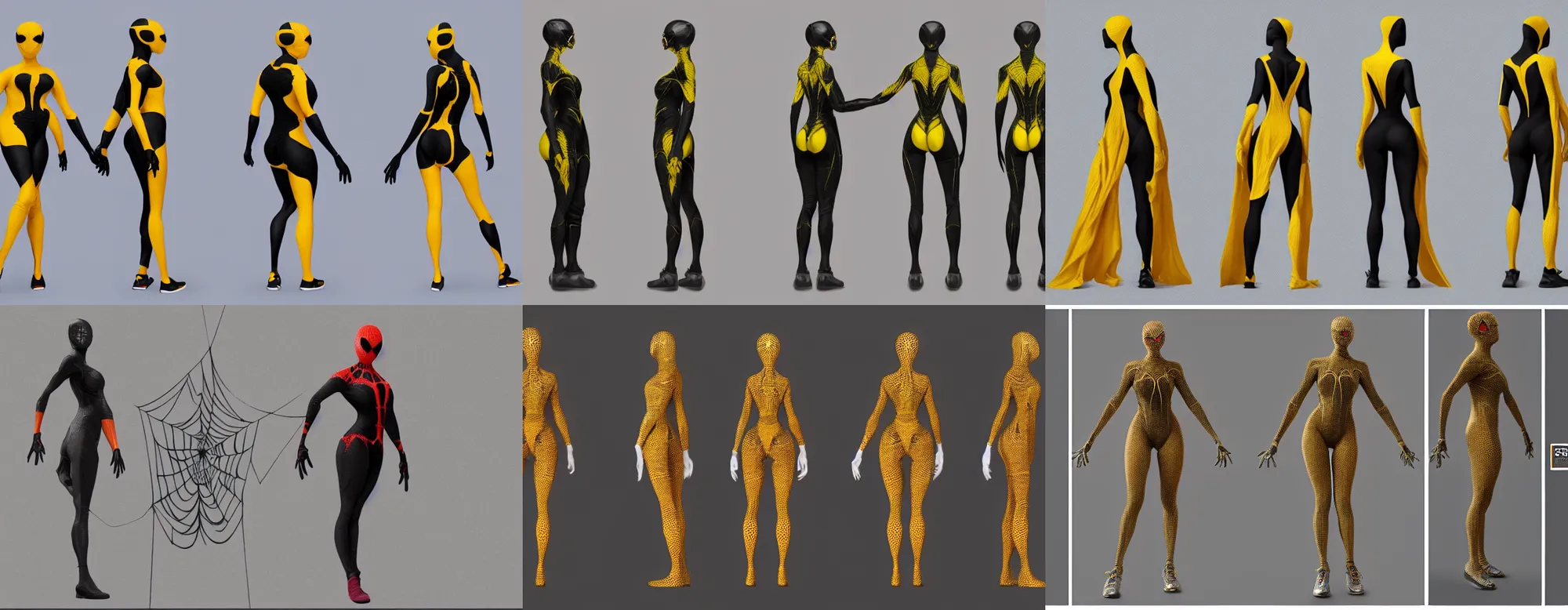 Prompt: full body character turnaround of a woman in an orb weaver inspired costume, spider web textured suit, character sheet, matte painting, spiderwoman!!!!!, john singer sargent, good value control, highly detailed portrait, digital painting, concept art, running shoes, sharp focus, smooth, illustration, 8 k, octane render, black primary color with yellow secondary color