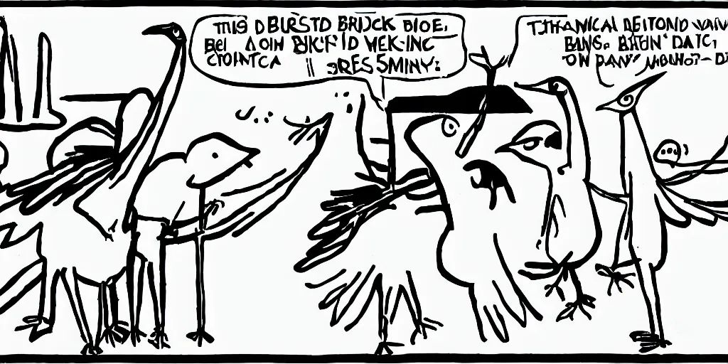 Image similar to xkcd comic with two stick figures discussing a bird, black and white