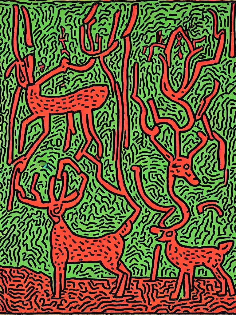 Prompt: a deer in the forest, Keith Haring