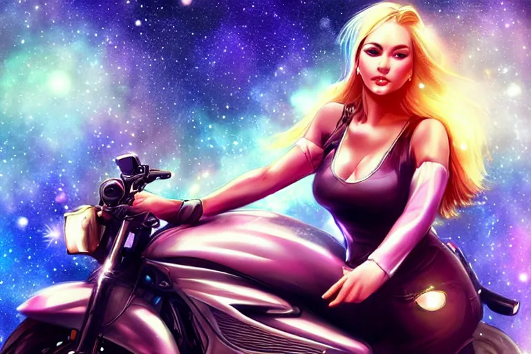 Image similar to a very very very beautiful woman riding a motorcycle, Galaxy background, drawn by artgerm