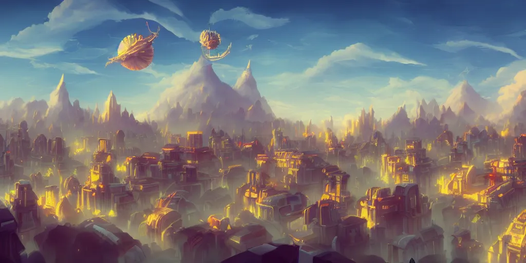 Image similar to a city in the style of piltover from arcane, blimps in the sky, blue skies, soft clouds, trending on artstation