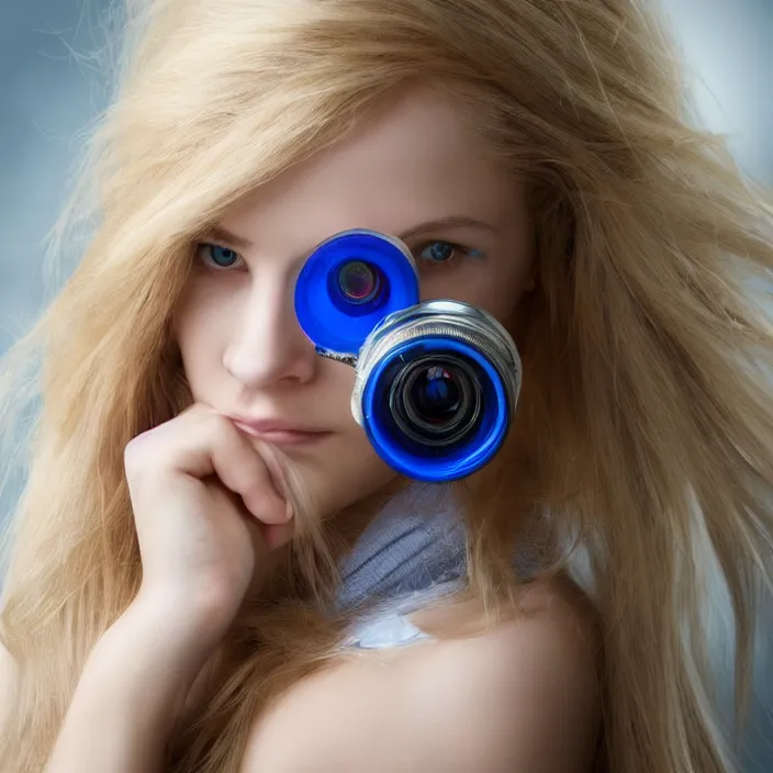 Prompt: portrait photograph of an extremely beautiful!!!! young female, Shifty look on her face, natural light, wearing a tank top and jeans!! Blond hair. Bright blue eyes. in a futuristic laboratory. looking at the camera!!. super resolution. Extremely detailed. Graflex camera!, bokeh!!!!! trending on artstation.