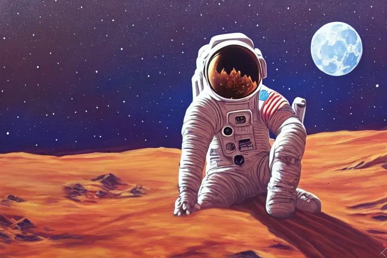 Image similar to an astronaut laying on mars in the style of flooko, acrylic art, detailed, moonlight,