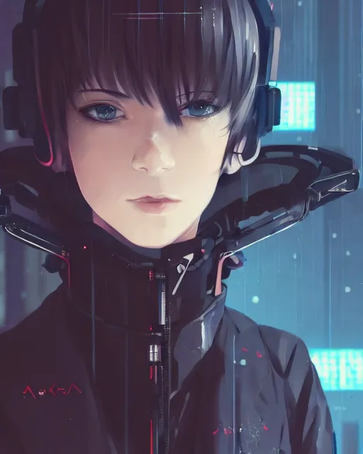 Image similar to kyoto animation, cool lady wearing cyberpunk techwear clothing, beautiful, detailed portrait, cell shaded, 4 k, concept art, by wlop, ilya kuvshinov, artgerm, krenz cushart, greg rutkowski, pixiv. cinematic dramatic atmosphere, sharp focus, volumetric lighting, cinematic lighting, studio quality