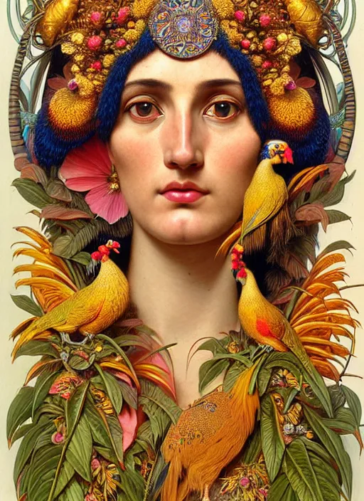 Image similar to hyperrealistic detailed face portrait of the beautiful goddess of the golden pheasants with an intricate headgear of golden pheasant, red berries, leaves, field flowers, pears, apples, art by ernst haeckel, john william godward, android jones, alphonso mucha, h. r. giger, gothic - cyberpunk, ornamental, beautiful deep colours,