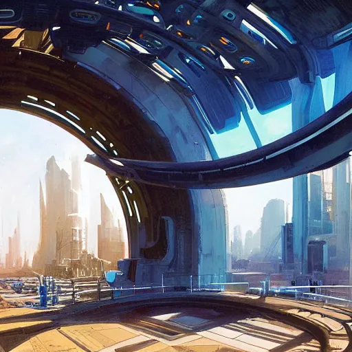 Image similar to centered circular derelict portal in a middle of a futuristic cityscape located under a bridgeway, world seen only through a portal, daylight, cinematic perspective, cinematic lighting, blue sky, syd mead, john harris, symmetrical