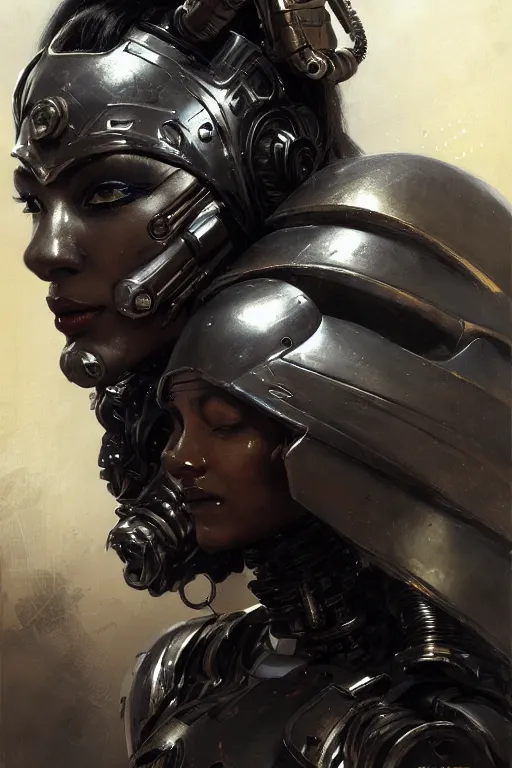 Prompt: extreme close up, facial portrait, half - cyborg woman with a long black ponytail in gunmetal grey sci - fi armor, wearing an african mask, mechanical armor, cybernetic hands, striking pose, portrait dnd, painting by gaston bussiere, craig mullins, greg rutkowski, yoji shinkawa